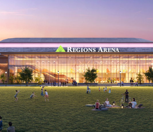 Rendering of exterior of Regions Arena in Mobile, Ala.