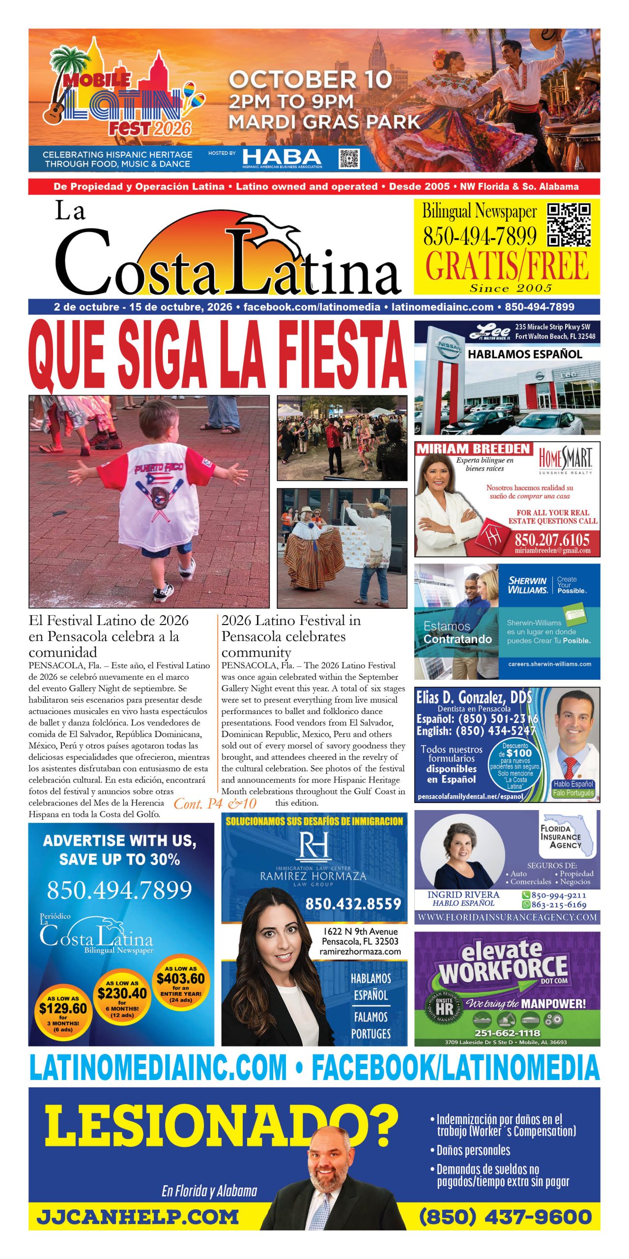 La Costa Latina, October 2 - October 15 edition, Page 1